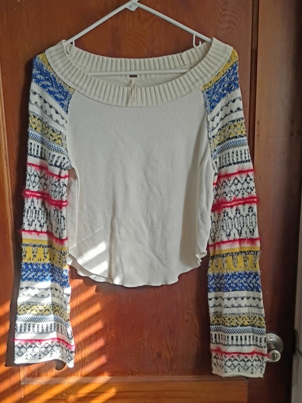 Free People Cream Off-Shoulder Sweater with Colorful Patterned Sleeves